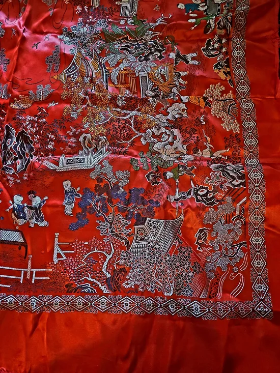 Vintage Chinese RED Silk Brocade Large Piano Shawl / Tablecloth Tapestry