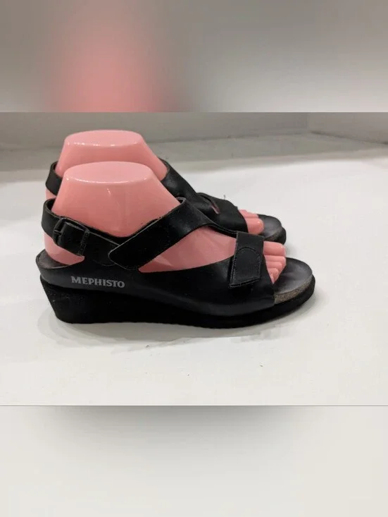 Mephisto Women's 38 /8 Air-Relax Black Leather Sandals Wedge Buckle