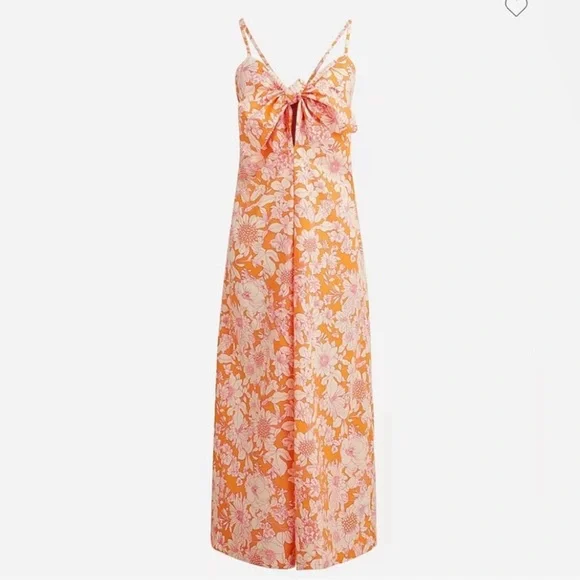 J. Crew Tie Front Cotton Poplin Orange Floral Midi Dress S Vacation Summer NWT