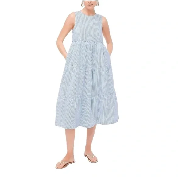 J. Crew - Sleeveless Blue Striped Tiered Dress Sz 10P