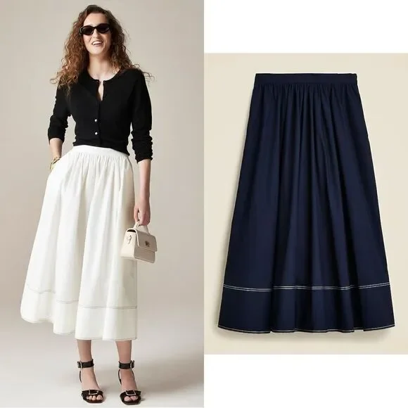 NWT J CREW Contrast-stitch midi skirt in cotton poplin in dark navy