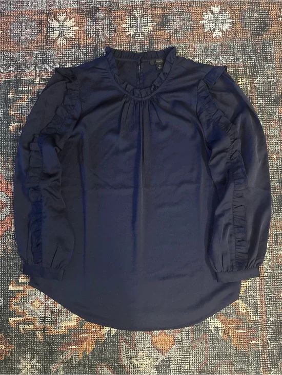 J.Crew Ruffle Sleeve Blouse Satin Crepe Navy