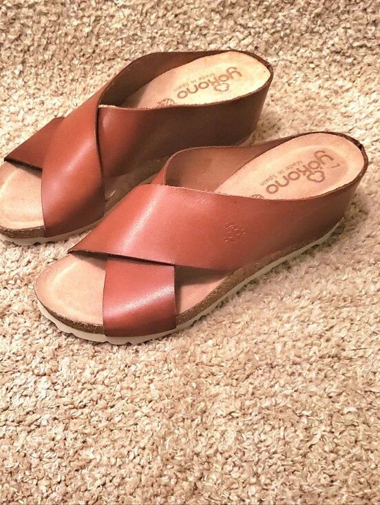 Yokono Women's Leather Criss-cross Tan Wedge Sandals. Size 7.5 Made In Spain