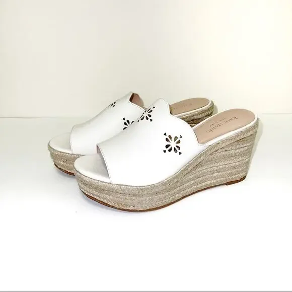 Kate Spade Tia Espadrille Wedge Sandals Size 6 Leather Slides Laser Cutout