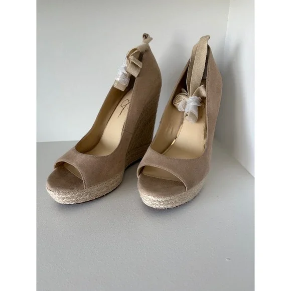 Jessica Simpson Zavida Tan Faux Suede Espadrille Wedge Ankle Tie Sandals 11M