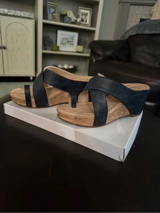 Women's Navy Wedge Toe-Loop Sandals with Cork-Effect Sole
