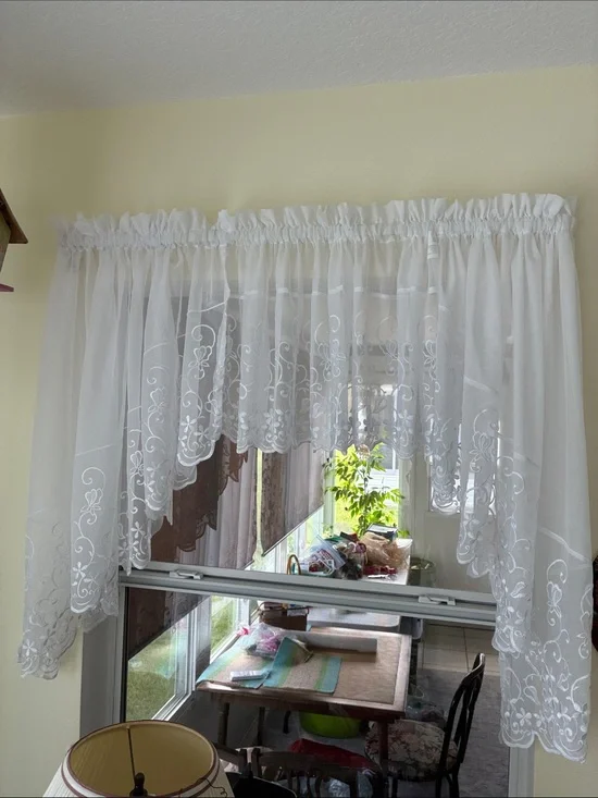 Vintage White Sheer Scalloped Lace Swag Set  and Valance Classic Window Accent