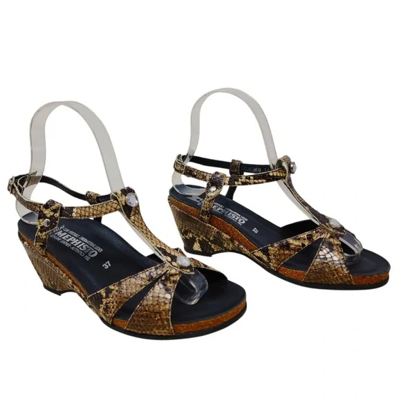 Mephisto Wedge Sandal US 7 Women Snake Print Leather Cork EU 37 Feminine T Strap