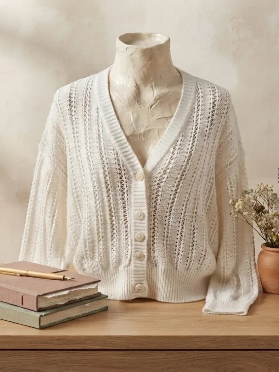 J.Crew Ivory Pointelle V-Neck Cardigan Size Small