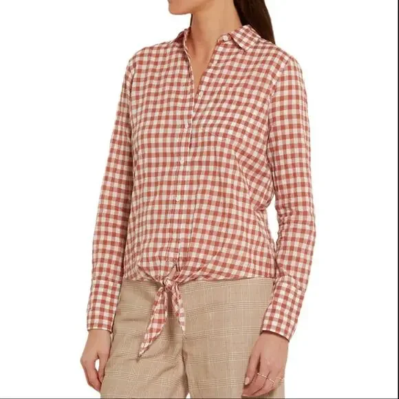 J.Crew Tie-Front Gingham Stretch Cotton Shirt Brick Rust Red Long Sleeve Size 10