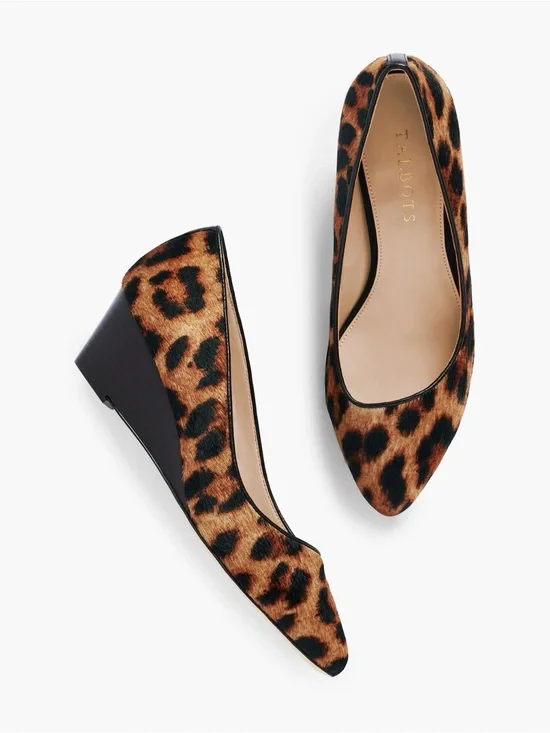 Talbots Leopard Calf Hair Wedge Pumps Women Size 6N Narrow Hair On Hide Shoes