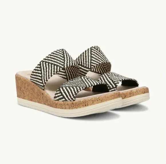 New Bzees For Lifestride Resort Raffia Wedge Sandals Womens Size 9 W Black Multi