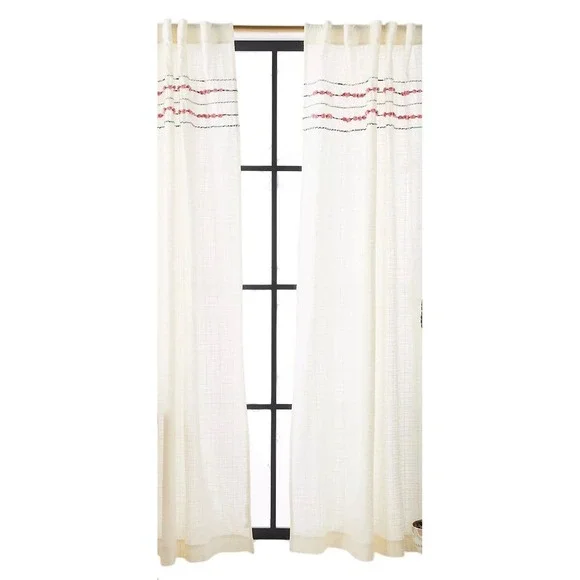 Anthropologie Embroidered Pom Pom Curtain Panel Pair Cream Ivory 50x96 Boho‎