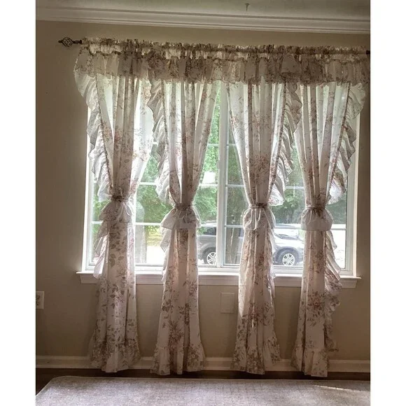 vintage jc penney curtains set of 4 floral ruffles 82L”x48W” 4 tie backs cottage