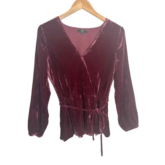J.Crew Burgundy Velvet Wrap Style Peplum Top Tie Waist Long Sleeve Size 4