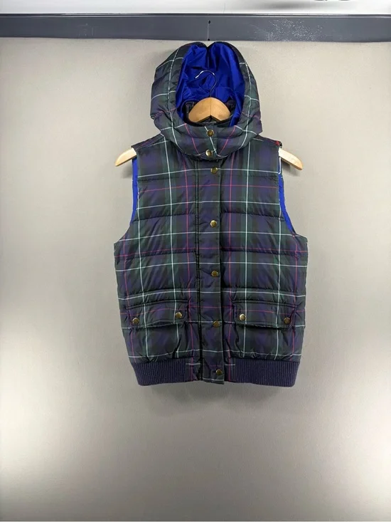 J. CREW Puffer Hood Vest Womens Small Tartan Plaid Duck Down Waterfowl Feather