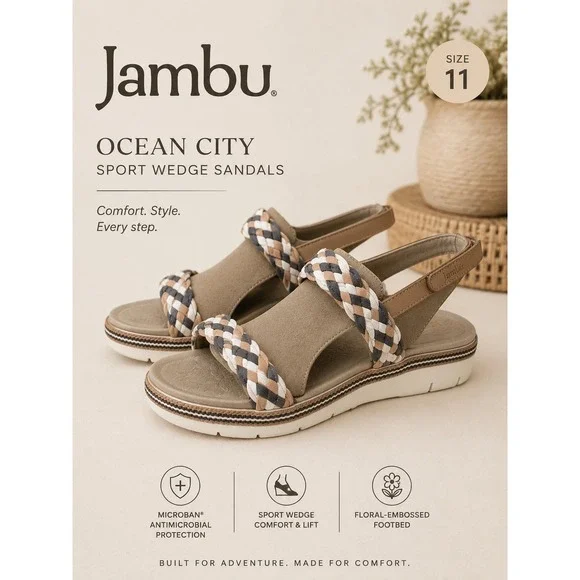 NEW‎ Jambu Ocean City Sandals Womens 11 Tan Braided Sport Wedge WJ18OCC84