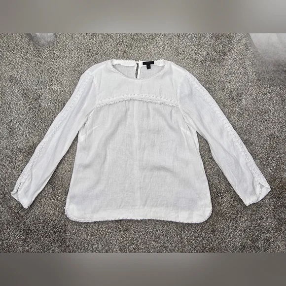 J. Crew White Linen Fringe French Knot Boxy Beachy Long Sleeve Top sz 10