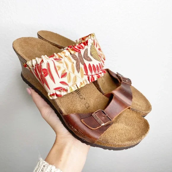 Papillio by Birkenstock Brown Leather Ruffle Fabric Wedge Sandals Womens 38