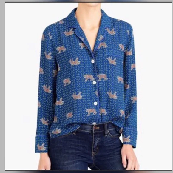 J. Crew Blue Printed Button-Up Blouse with Tan Accent