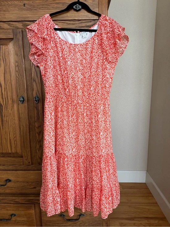 J. Crew Coral Floral Midi Dress with Ruffle Sleeves size 10