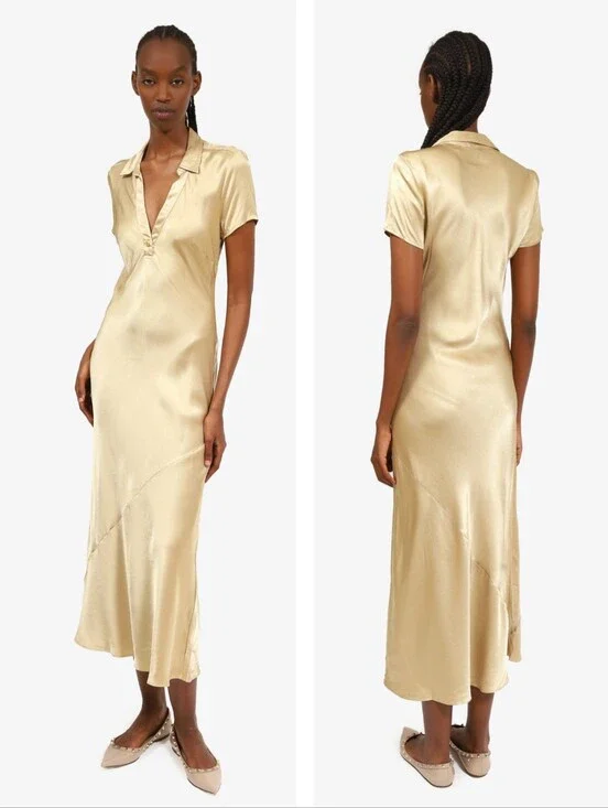 J. Crew Gold Metallic Short Sleeve Maxi Slip Dress Luster Crepe 12
