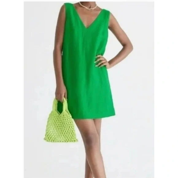 J. Crew Maxine V-neck Shift Dress Women Medium Green Linen Sleeveless