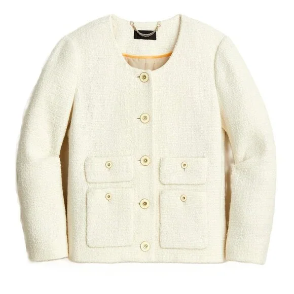 NWT J.Crew Lady Jacket in Ivory Maritime Tweed Collarless Wool Blend 16