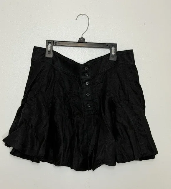 J Crew Button Up Mini Skirt 100% Linen 10 Black Swingy Full Balloon Ruffle