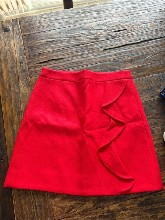 J. Crew Red Wool Skirt with Front Ruffle
