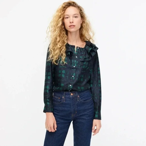New J. Crew Collection Silk Twill Ruffle-collar Blouse Top Plaid Green Blue NWT