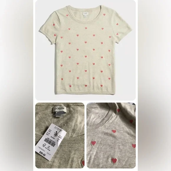 NWT J. Crew Heather Gray Tee with Red Heart Accents