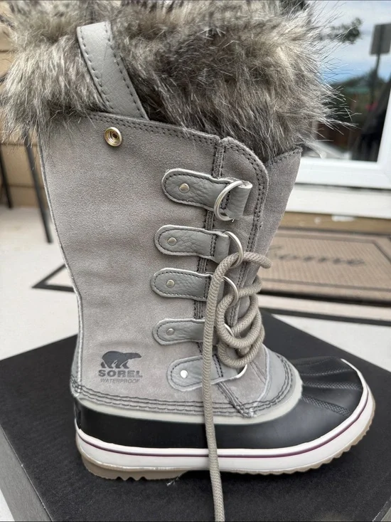 Sorel Women's Grey Suede Waterproof Lace-Up Winter Boot with Faux Fur Cuff