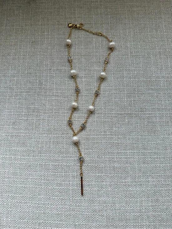 J Crew Gold Pearl and Crystal Lariat Necklace