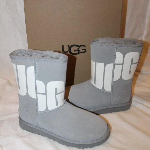 NIB‎ UGG LOGO SUEDE SHEARLING CLASSIC SHORTS BOOTS GRAY 7