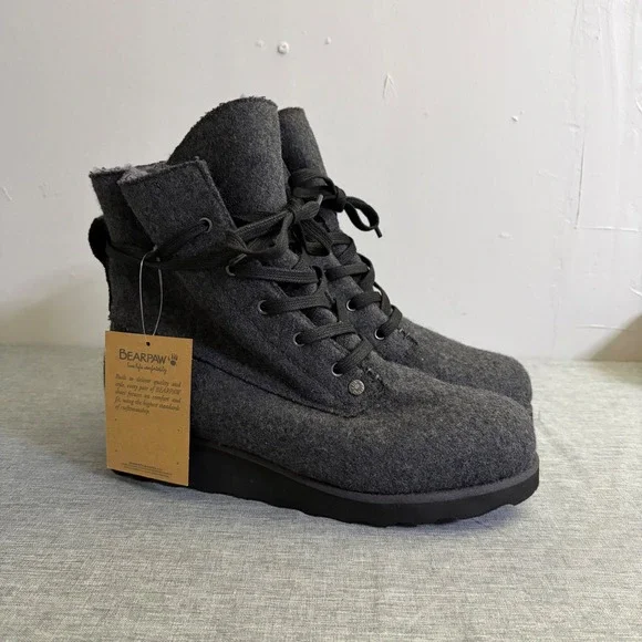 Bearpaw Boots Women 10 Charcoal Grey Wool‎ Blend Lace Up Winter Cozy