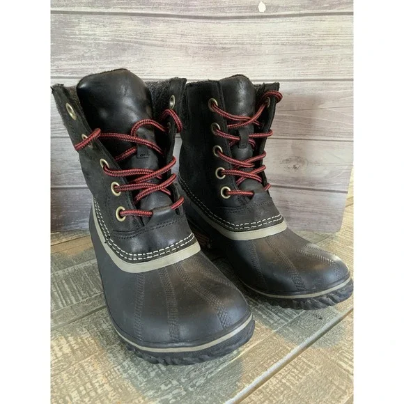 Sorel Womens Slimpack II Boot Size 6.5 Black Leather Waterproof Lace Up Bootie‎