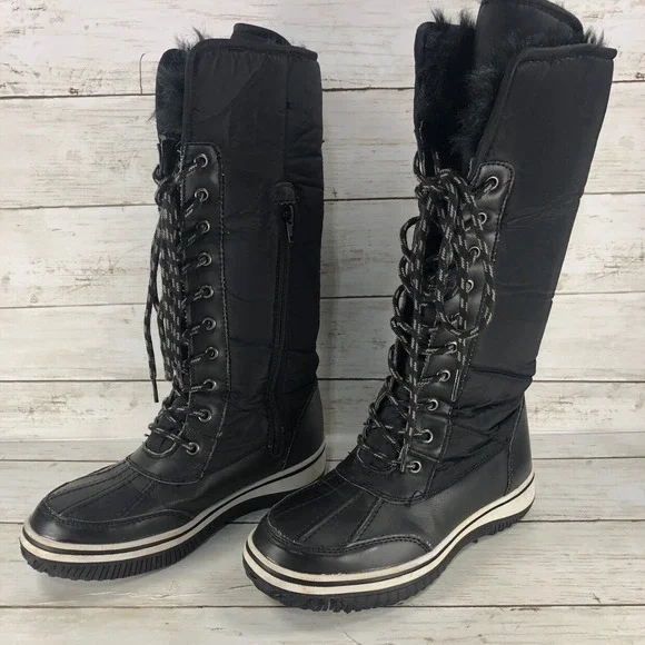 Black Tall Winter Snow Boots Quilted Faux Fur Lined Lace Up‎ Side Zip Duck Boots