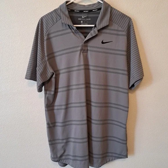 Nike Golf Tiger Woods Zonal Cooling Polo Shirt Mens Medium Grey Striped TW Logo