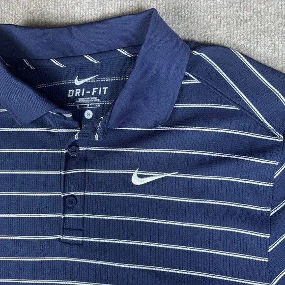 Nike Dri-FIT Polo Shirt Men's Small Navy Blue White Striped Golf Swoosh