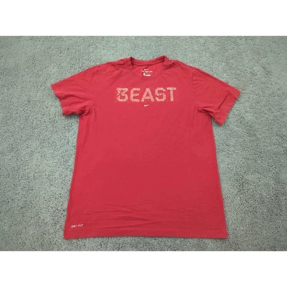 The Nike Tee T Shirt  Mens Large Red Dri-Fit BEAST Swoosh‎ Athletic Performance