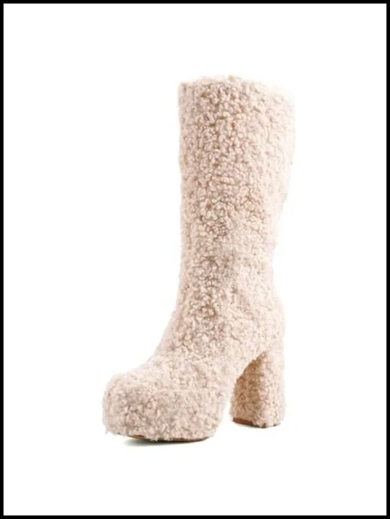 Women's Mid Calf Curly Faux Fur Winter Boots, Chunky Heel Platform Side Zip