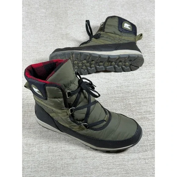 Sorel Whitney Short Lace Women 11 Green Nylon Waterproof Plaid Lined Winter Boot