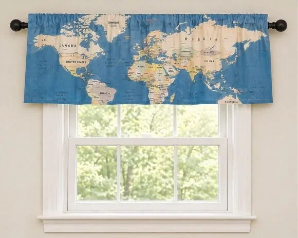 Grey Geographical World W x L (Pack of 2) Map World Map Real Grey Valance 52”x22