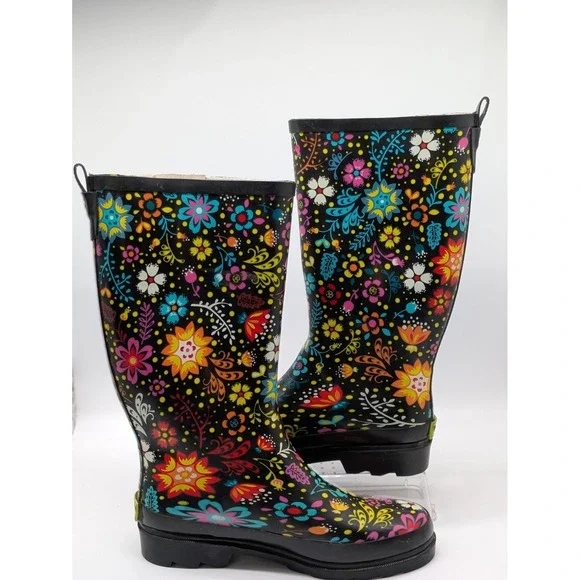 Western Chief Garden Play Rain Boots Womens 6 Black Floral Waterproof Tall
