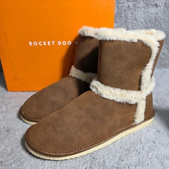Rocket Dog Womens Brown Faux Leather & Fur Lined Winter Boots Size 7.5‎ NEW