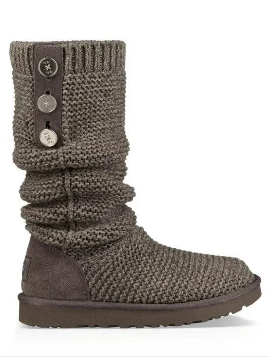 Ugg Women's Purl Cardy Knit Button Accent Winter Cozy Boots Grey 8