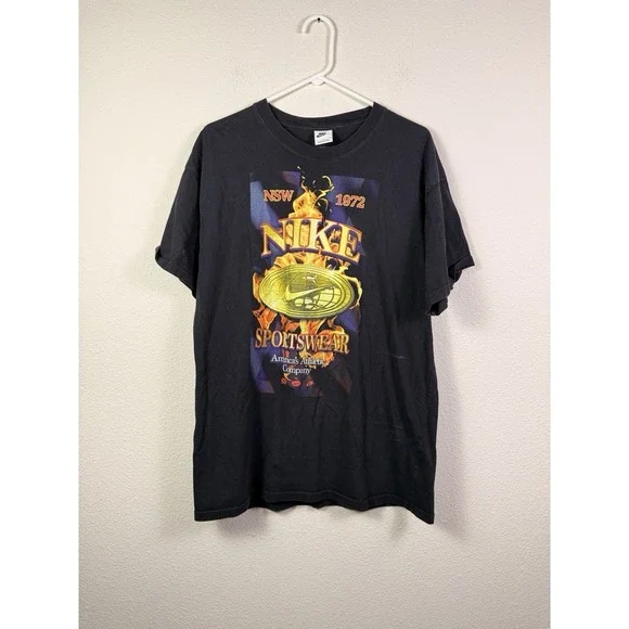 Vintage Nike NSW 1972 Flame Graphic T-Shirt Black‎ Size L Double Sided