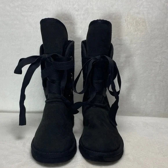 UGG Australia Black‎ Suede Sheepskin Boots Sherpa Lace Up Women Size 7