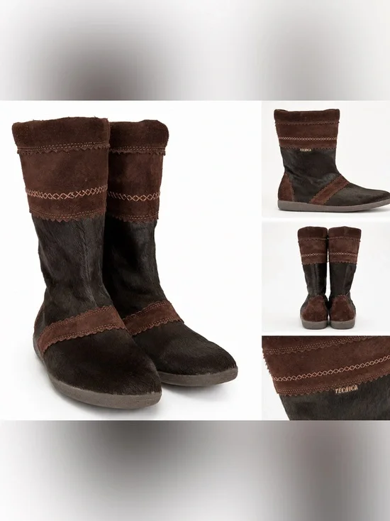 Tecnica Women’s Brown Suede Pony Hair Fur Lined Mid Calf Boots vintage
